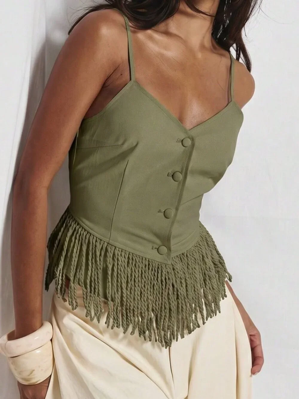 Casual Women's V Neck Button Detail Fringed Tassle Hem Top